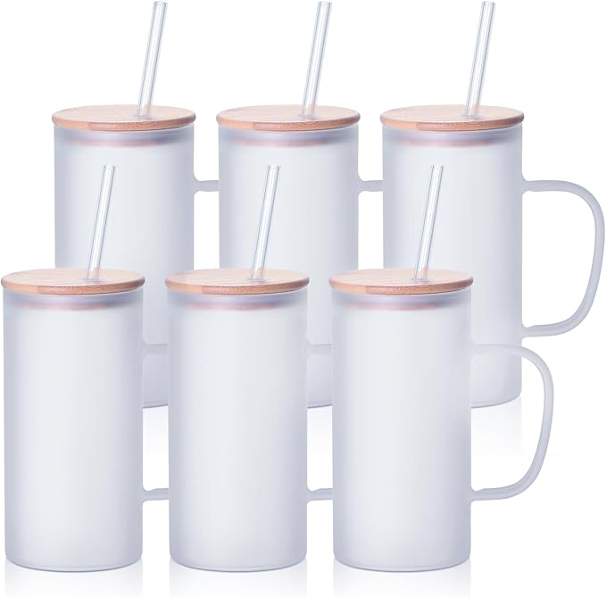 Sublimation Glass Beer Mug Frosted with Bamboo Lid and Glass Straw - 22 oz