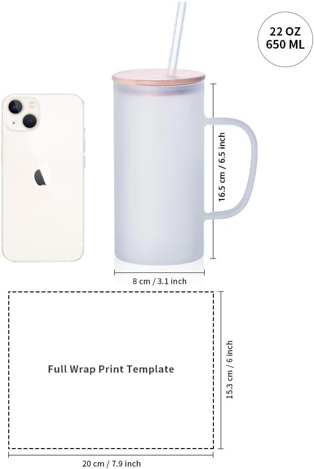 Sublimation Glass Beer Mug Frosted with Bamboo Lid and Glass Straw - 22 oz