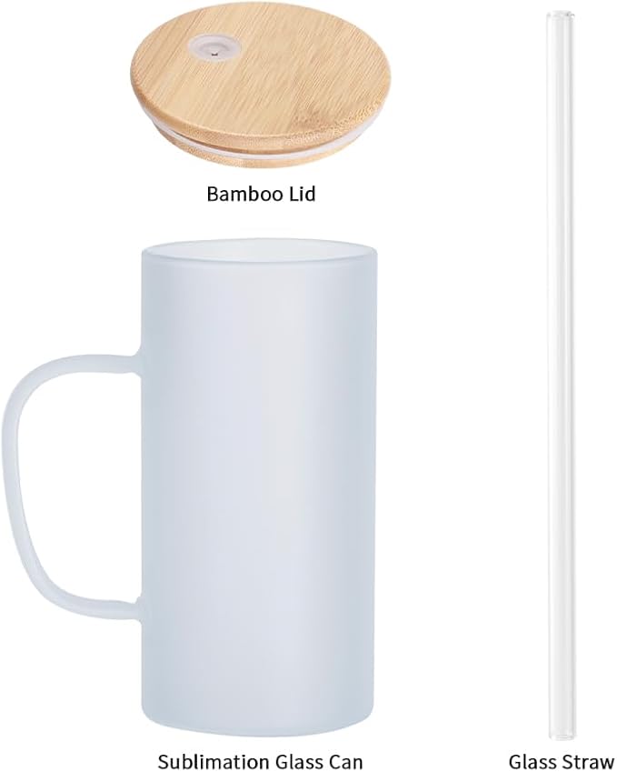 Sublimation Glass Beer Mug Frosted with Bamboo Lid and Glass Straw - 22 oz