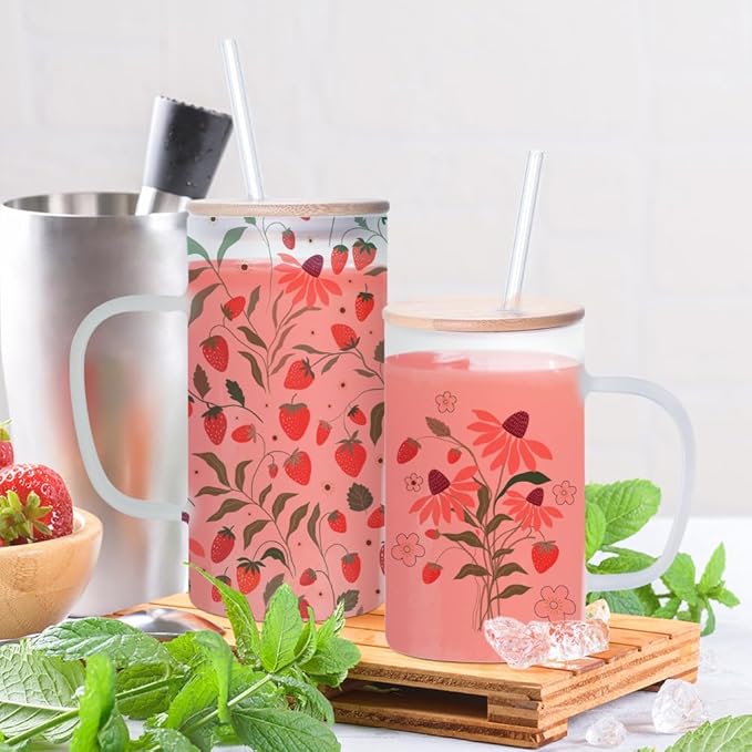 Sublimation Glass Beer Mug Frosted with Bamboo Lid and Glass Straw - 22 oz