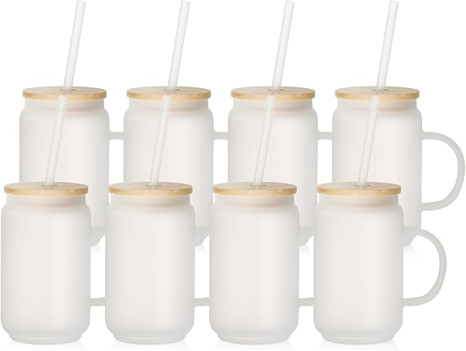Sublimation Frosted Glass Blanks with Handle Bamboo Lid and Plastic Straw Mugs - 13 oz - Parkerbuilt HQ