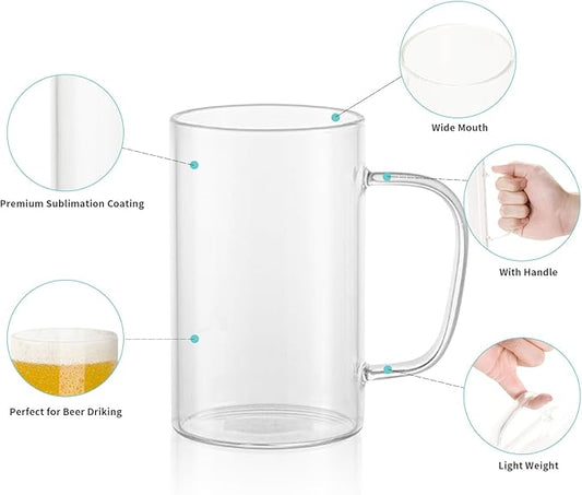 Sublimation Glass Clear or Frosted Beer Mugs with Handle - 18 oz - Parkerbuilt HQ