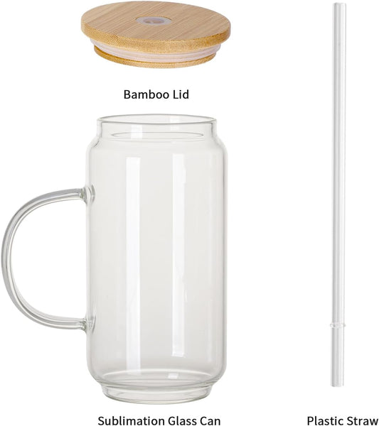 Sublimation Glass Mugs with Handle Bamboo Lid and Plastic Straw - 18 oz - Parkerbuilt HQ