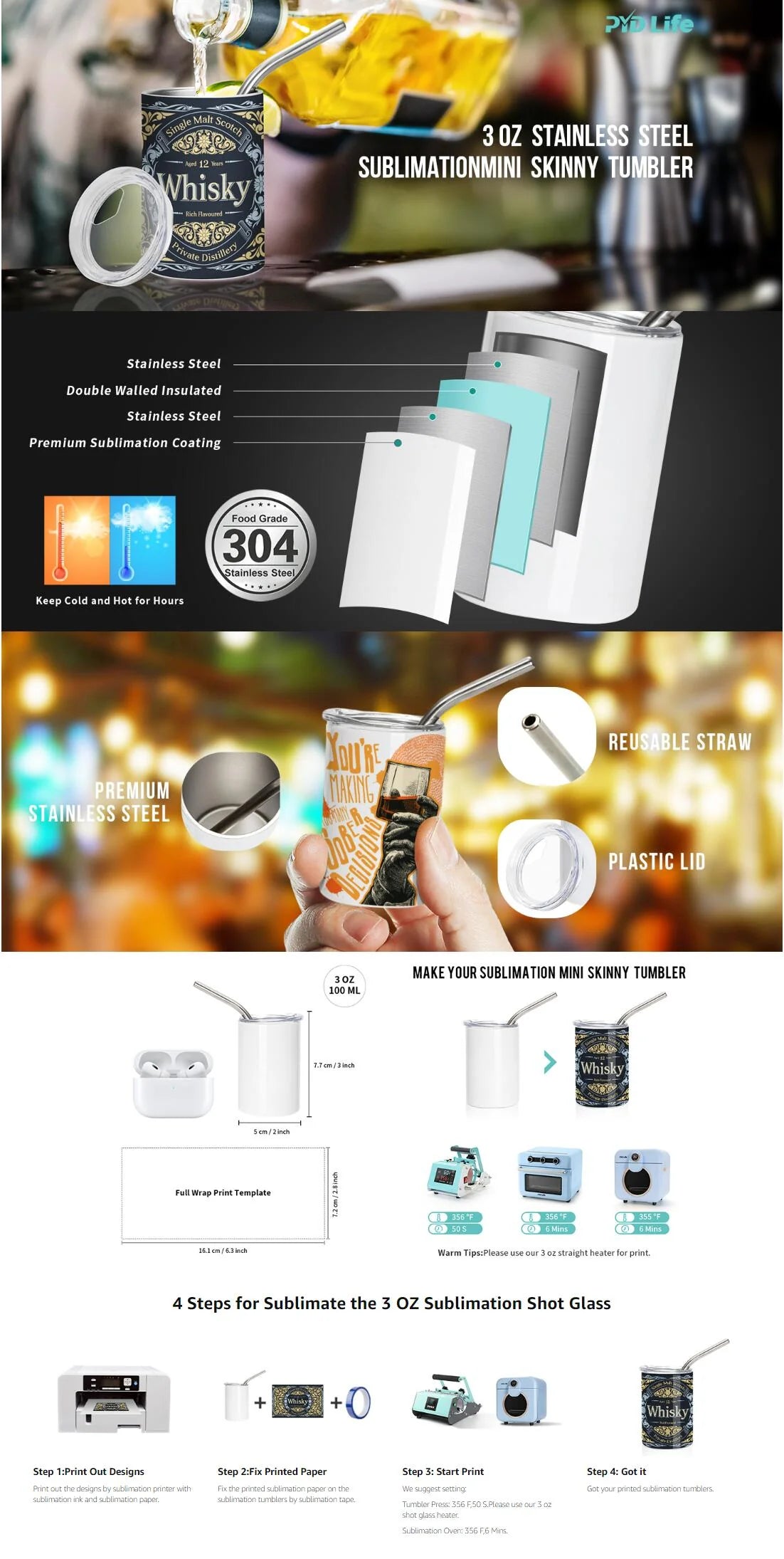 Sublimation Mini Straight Tumbler Blanks Shot with Metal Straw 3 oz - Parkerbuilt HQ