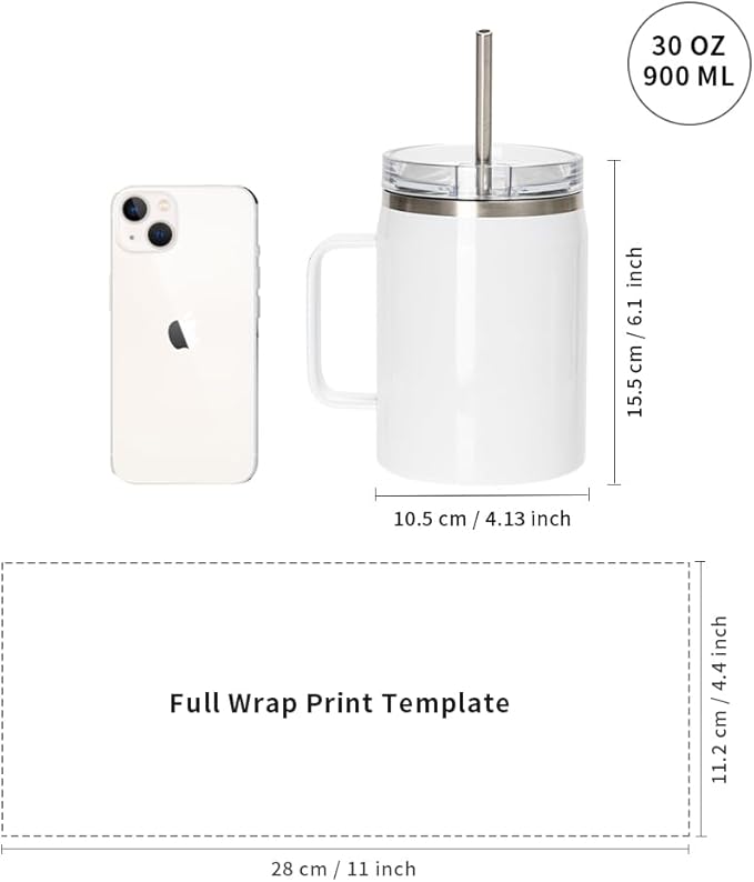 Sublimation Mugs Tumblers Blanks with Handle Lid and Straw - 30 oz - Parkerbuilt HQ