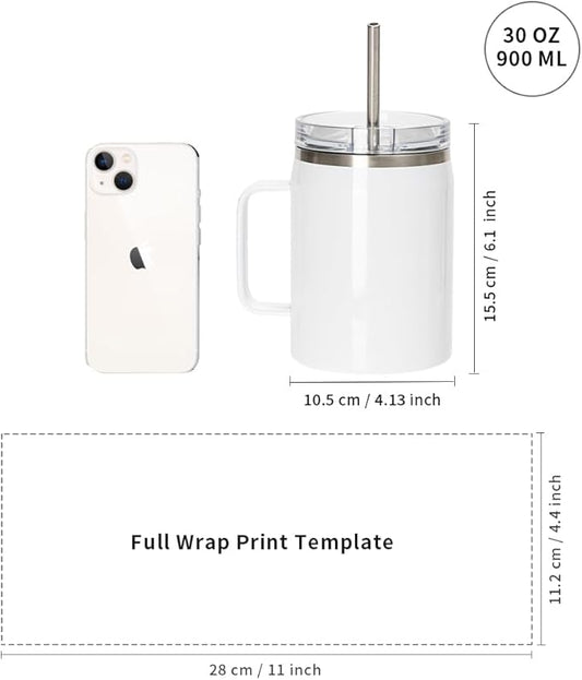Sublimation Mugs Tumblers Blanks with Handle Lid and Straw - 30 oz - Parkerbuilt HQ