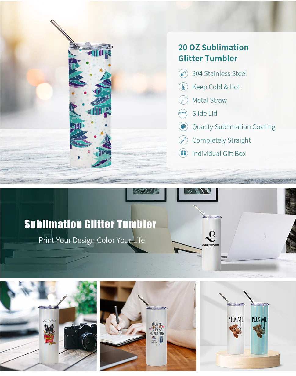 Sublimation Skinny Straight Tumbler Rainbow Glitter White With Metal Straw And Slide Lid 20 OZ - Parkerbuilt HQ