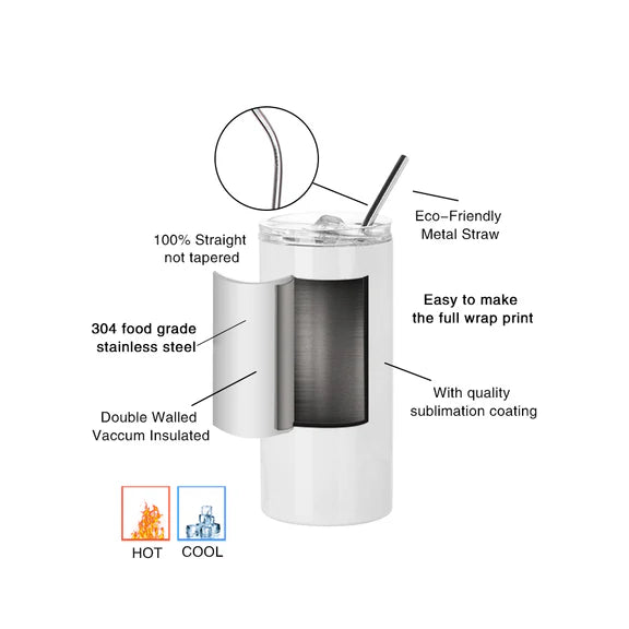 Sublimation Skinny Straight Tumbler White With Metal Straw And Slide Lid 16 OZ - Parkerbuilt HQ