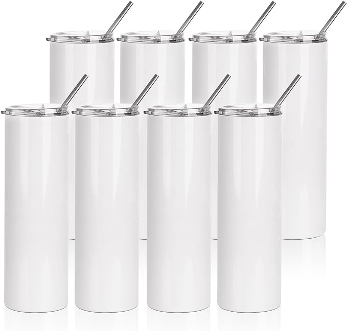 Sublimation Skinny Straight Tumbler White With Metal Straw And Slide Lid 30 OZ