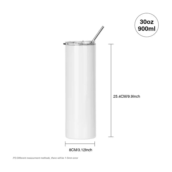Sublimation Skinny Straight Tumbler White With Metal Straw And Slide Lid 30 OZ