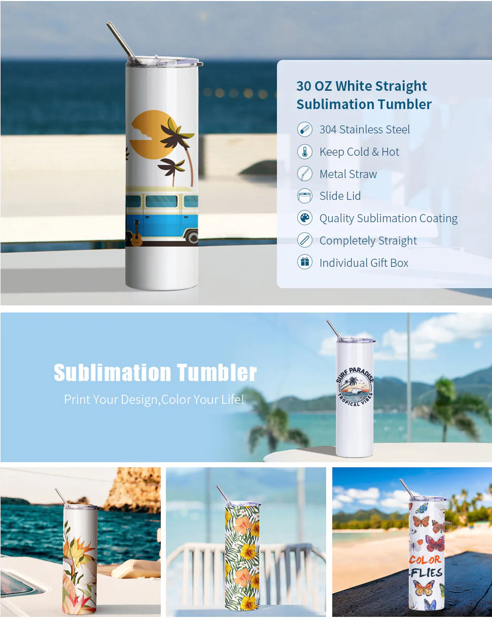 Sublimation Skinny Straight Tumbler White With Metal Straw And Slide Lid 30 OZ - Parkerbuilt HQ