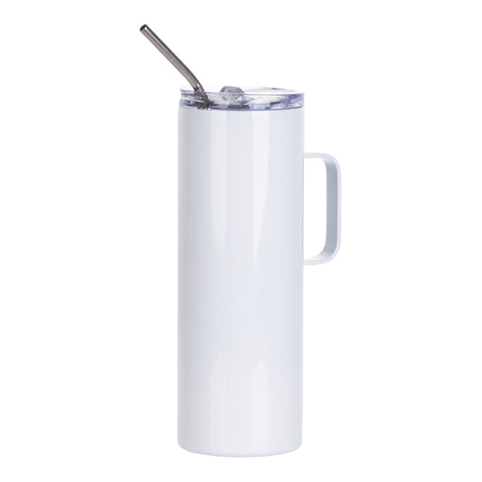Sublimation Skinny Straight Tumbler White with Handle Metal Straw and Slide Lid 20 OZ - Parkerbuilt HQ