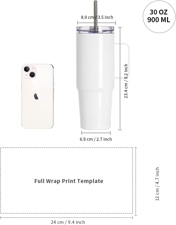 Sublimation Travel Tumbler with Handle Leakproof Lid and Stainless Straw - 30 oz