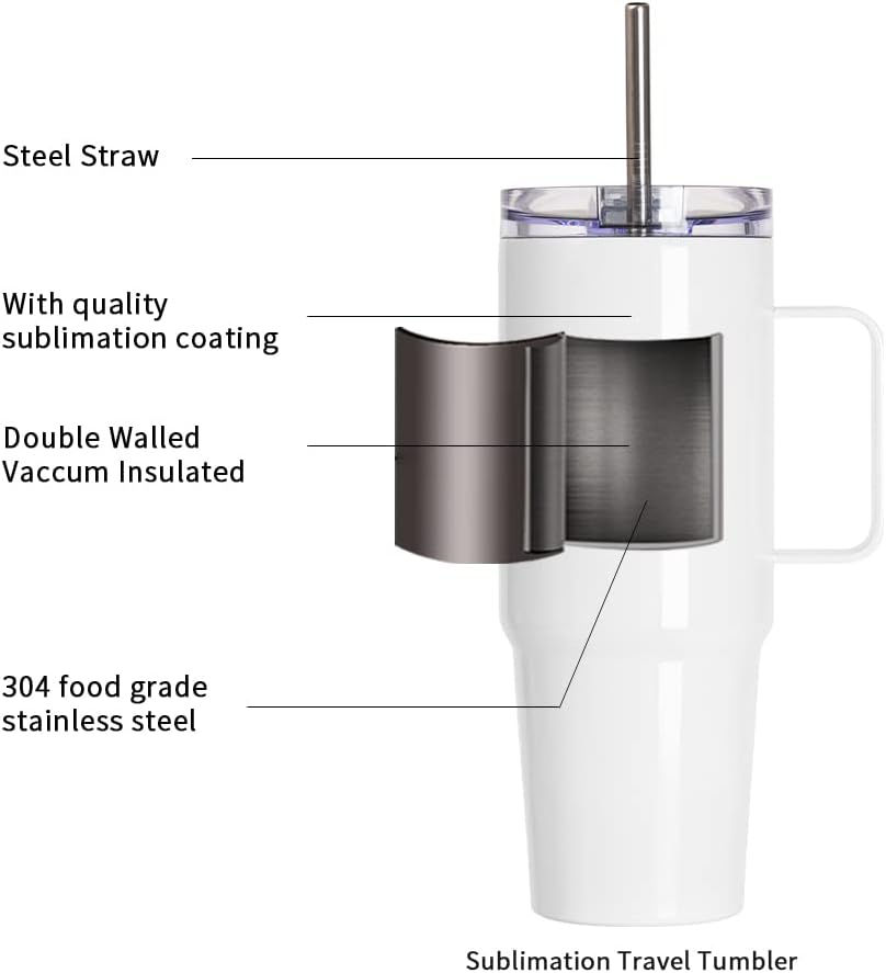 Sublimation Travel Tumbler with Handle Leakproof Lid and Stainless Straw - 30 oz