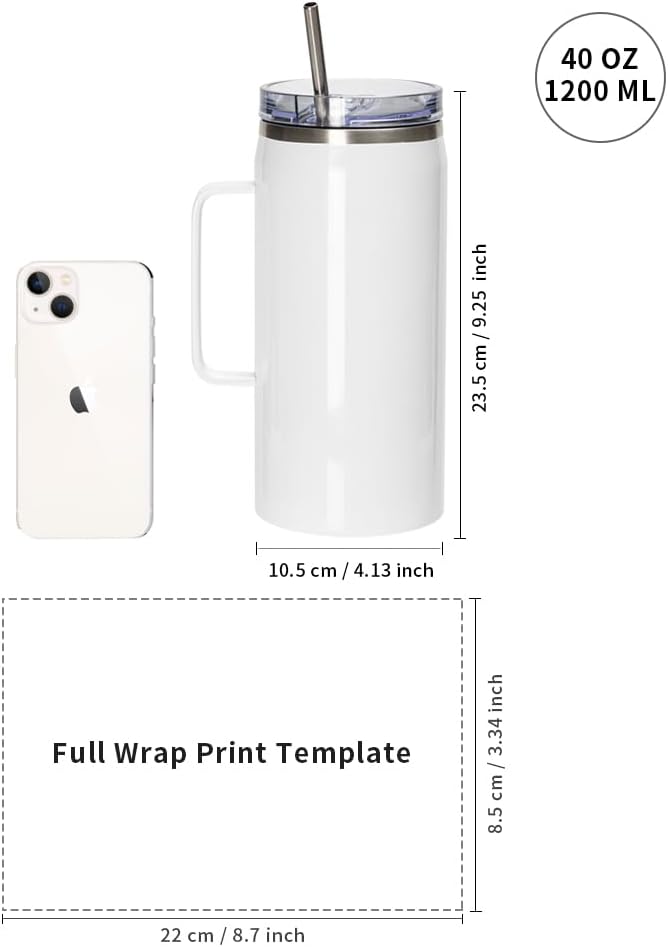 Sublimation Tumblers with Handle Lid and Straw Insulated Stainless Steel Jug - 40 oz