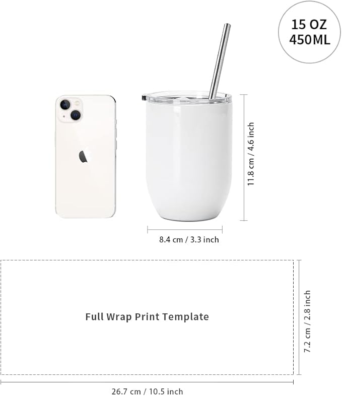 Sublimation Wine/Kids Tumblers Glossy White with Leakproof Lid and Straw - 15 oz