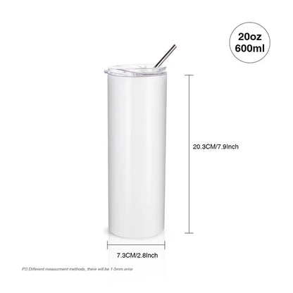 Sublimation Skinny Straight Tumbler White With Metal Straw And Slide Lid 20 OZ