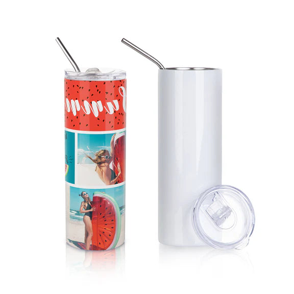 Sublimation Skinny Straight Tumbler White With Metal Straw And Slide Lid 20 OZ