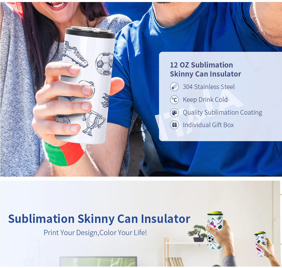 Sublimation Cold Drink Skinny Beer Can Cooler Stainless Steel Insulator White 12 OZ