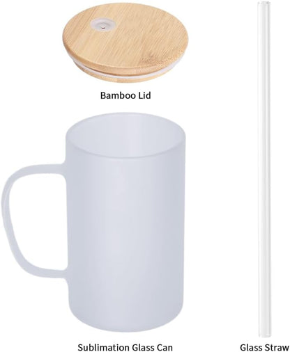 Sublimation Glass Beer Mug Frosted with Bamboo Lid and Glass Straw - 18 oz