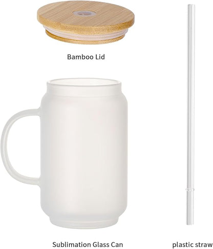 Sublimation Frosted Glass Blanks with Handle Bamboo Lid and Plastic Straw Mugs - 13 oz