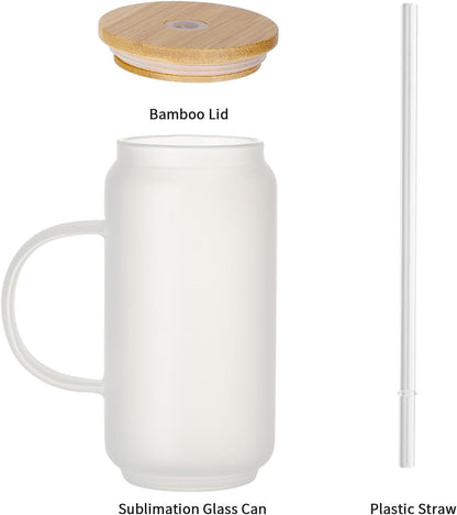 Sublimation Glass Mugs with Handle Bamboo Lid and Plastic Straw - 18 oz