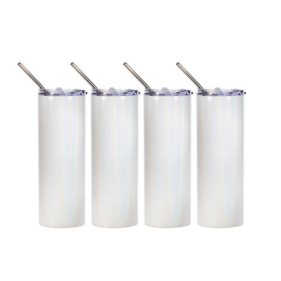 Sublimation Skinny Straight Tumbler Rainbow Glitter White With Metal Straw And Slide Lid 20 OZ