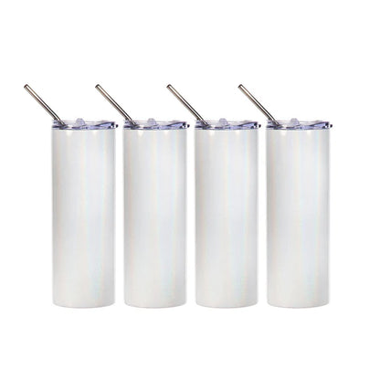 Sublimation Skinny Straight Tumbler Rainbow Glitter White With Metal Straw And Slide Lid 20 OZ