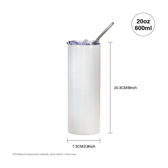 Sublimation Skinny Straight Tumbler Rainbow Glitter White With Metal Straw And Slide Lid 20 OZ