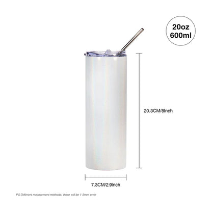 Sublimation Skinny Straight Tumbler Rainbow Glitter White With Metal Straw And Slide Lid 20 OZ