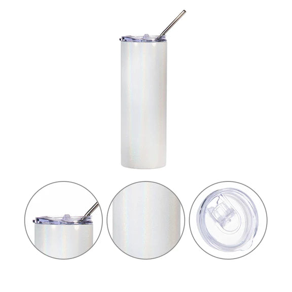 Sublimation Skinny Straight Tumbler Rainbow Glitter White With Metal Straw And Slide Lid 20 OZ