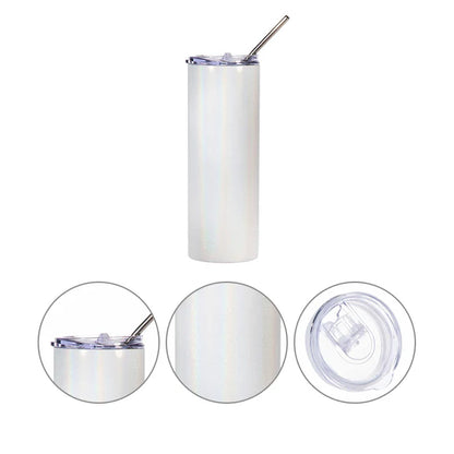 Sublimation Skinny Straight Tumbler Rainbow Glitter White With Metal Straw And Slide Lid 20 OZ