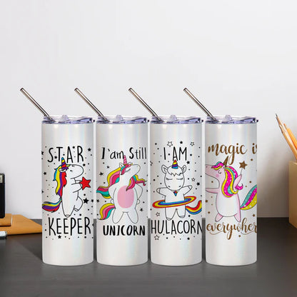 Sublimation Skinny Straight Tumbler Rainbow Glitter White With Metal Straw And Slide Lid 20 OZ