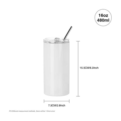 Sublimation Skinny Straight Tumbler White With Metal Straw And Slide Lid 16 OZ