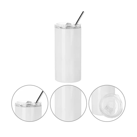 Sublimation Skinny Straight Tumbler White With Metal Straw And Slide Lid 16 OZ