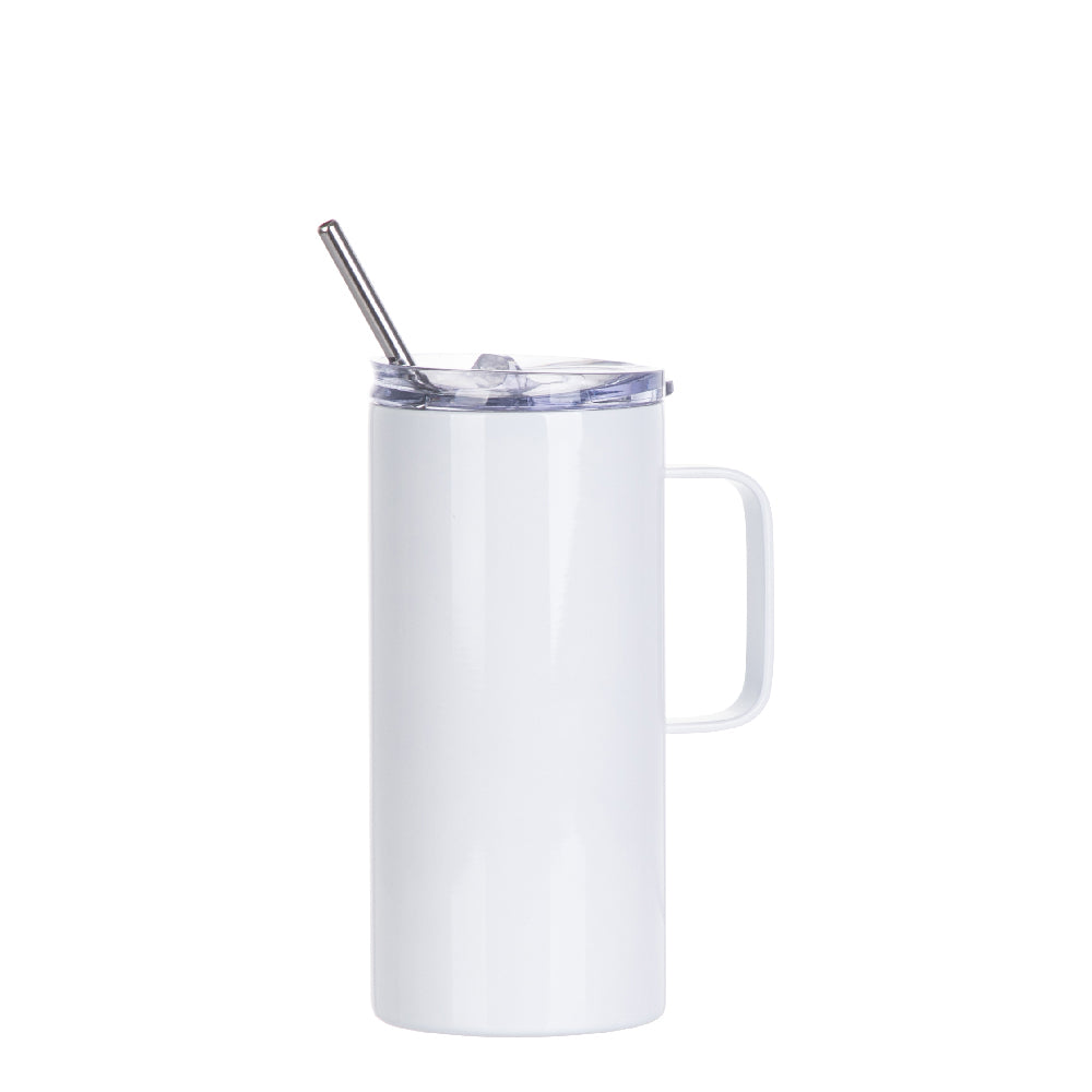 Sublimation Skinny White Tumbler with Handle Metal Straw And Slide Lid 16 OZ