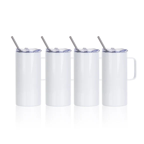 Sublimation Skinny White Tumbler with Handle Metal Straw And Slide Lid 16 OZ