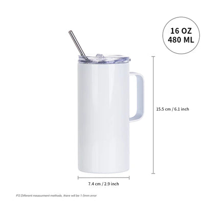 Sublimation Skinny White Tumbler with Handle Metal Straw And Slide Lid 16 OZ