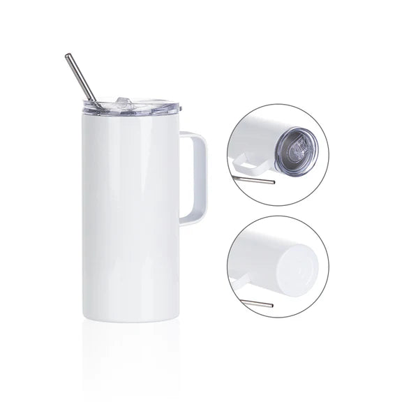 Sublimation Skinny White Tumbler with Handle Metal Straw And Slide Lid 16 OZ