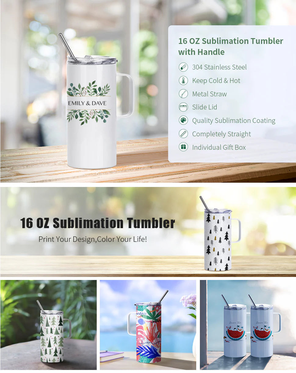 Sublimation Skinny White Tumbler with Handle Metal Straw And Slide Lid 16 OZ